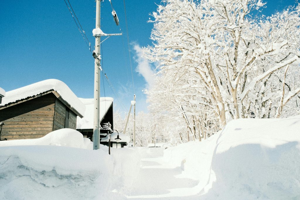 A serene winter scene with snow-covered trees and houses in a Japanese rural area under a clear blue sky.