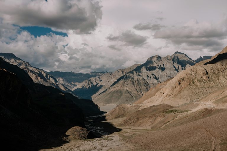 Breathtaking view of the rugged mountains in Spiti Valley, Himachal Pradesh, India.